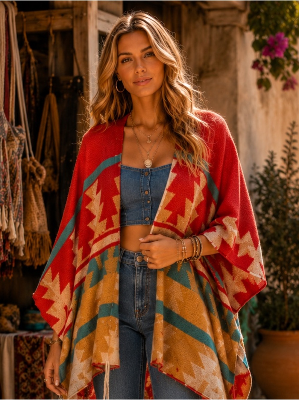 Umgee Red and Beige Geometric Women's Poncho